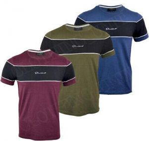 Mens Short Sleeve Stripe Panel Fashion T Shirt Top Casual Cotton S-2XL