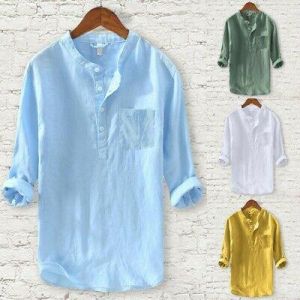 Bargain sales Men's Fashion Pure Cotton Linen Pocket Long Sleeve Tops Casual Blouse T-shirts