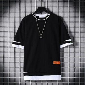 Fashion Men' Trendy Hole  T-shirt Solid Color Bottoming Shirt Loose Half-sleeve