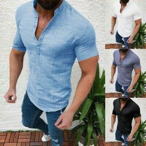Fashion Stylish Men's Casual Blouse Cotton Linen T-shirt Loose Tops Short Sleeve