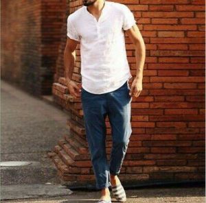 Men's T Shirt Blouse Tops Cotton Linen Casual Beach Short Sleeve V Neck Fashion