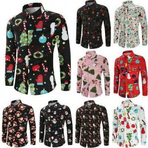 Fashion Men Casual Snowflakes Santa Candy Printed Christmas Shirt Top Blouse