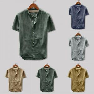 Fashion Men's Summer Button Casual Linen Cotton Short Sleeve T-Shirt Tops Blouse