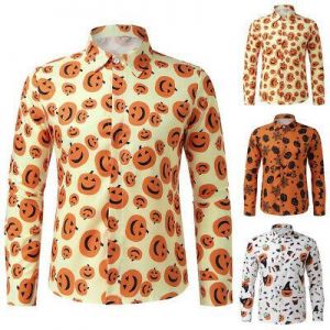 Men's Autumn Fashion Casual Halloween Printed Long-sleeved Top Blouse Shirt
