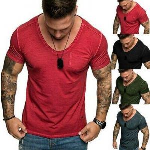 Fashion Men's Summer Slim Pocket V-Neck Fit Short Sleeve Top Blouse Shirt US