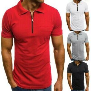 Fashion Men Casual Slim Short Sleeve Zipper Pocket Office T Shirt Tops Blouse US