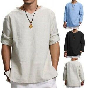 Men Summer New Pure Cotton And Hemp Tops Comfortable Fashion Solid Tops T-Shirt