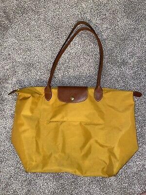 Longchamp Le Pliage Yellow Mustard Tote Large Bag Purse Handbag Brown Leather
