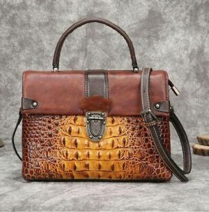 Women Genuine Cow Leather Messenger Shoulder Bag Crocodile Embossed Handbag S