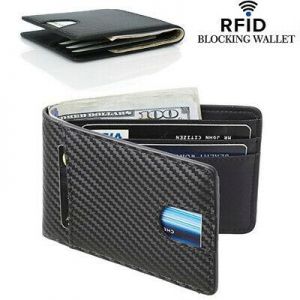Men's Carbon Fiber Grain Billfold Wallet RFID Blocking ID Card Holder Money Clip