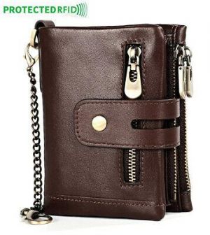 Men's 100% Cowhide Leather Zipper Wallet RFID Blocking ID Card Holder Coin Purse