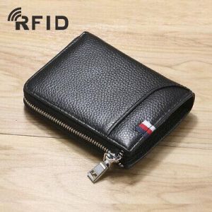 100% Genuine Leather Men&#039;s Zipper Wallet RFID Blocking ID Card Holder Money Clip