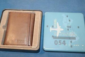 Fossil Soft Brown Leather Men's Tri-Fold Wallet New In Tin Chicago Extra Cap
