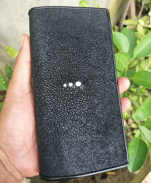 Bargain sales Long Wallet Men's Stingray Skin Black Leather Genuine Bifold