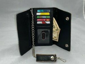 Men's Tri-fold Black Leather Chain Wallet Motorcycle Rider Trucker Biker Wallet