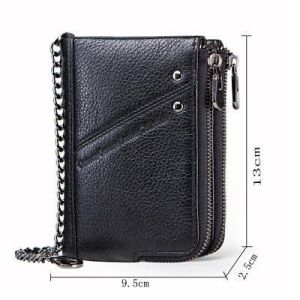 RFID Steel Chain Men's Genuine Leather Double Zipper Wallet Hi-Q Card Holder