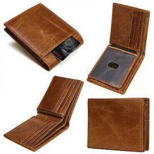 Men's RFID Blocking Full Grain Leather ID Window Multi-Currency Bifold Wallet
