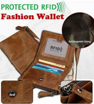 Men's Genuine Leather Wallet Credit Card Holder RFID Blocking Zipper Pocket QR