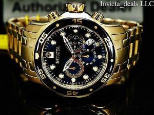 Invicta Men 48mm Pro Diver SCUBA Chronograph Black Dial 18k Gold Plated SS Watch