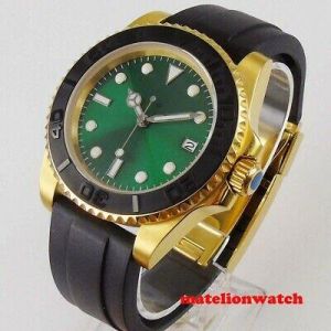 Golden 40mm Automatic Men Watch Miyota 8215 NH35 date green dial rubber strap