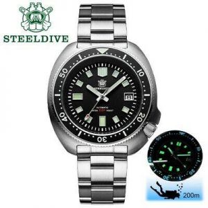 STEELDIVE SD1970 "Turtle" Black Automatic 200m Diver Watch,6105 Homage,NH 35
