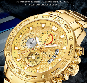 WWOOR New Men Watches Luxury Gold Stainless Steel Waterproof Sport Chronograph R