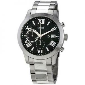 Guess Men's Atlas 44mm Steel Bracelet & Case Quartz Black Dial Watch W0668G3