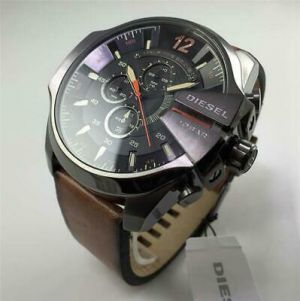 Original DlESEL Men's Mega Chief Chronograph Black Brown Leather Strap  Watch