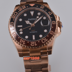 PARNIS 40mm PVD rose gold case date GMT automatic movement men's watch sapphire
