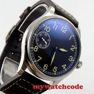 44mm PARNIS black dial 6497 movement leather strap hand winding mens watch