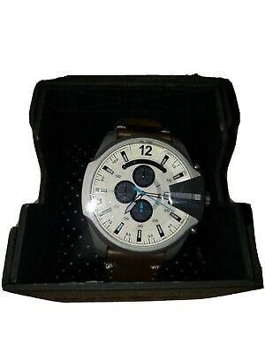 NEW AUTHENTIC DIESEL MEGA CHIEF SILVER BROWN LEATHER CHRONO MEN DZ4464 WATCH
