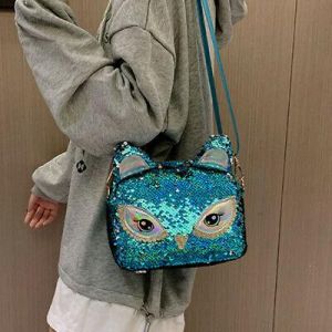 Women Girls Casual Shoulder Bag Cute Cartoon Cat Sequined Travel Handbag Purse