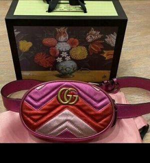 Gucci Marmont Pink Chevron Leather Waist Belt Bag Box