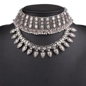 Women Punk Metal Chunky Choker Dangle Beaded Bib Necklace Retro Pendant Jewllery