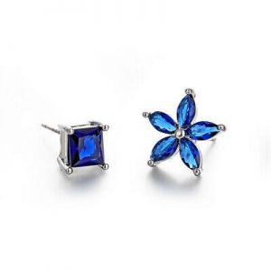 S925 Blue Cubic Zirconia Flower Square Unmatched Stud Earrings Fashion Jewllery