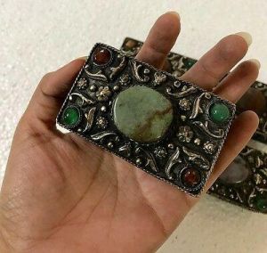 India Jaipuri Antique Carved Agate Chalcedony Stones Studded Jewllery Box 4 PC