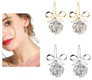 Silver Woman Girl Bow-Knot Square Cubic Zirconia Drop Fashion Jewllery Earrings