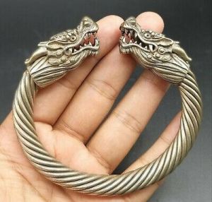 EXTREMELY!!Unusual Tabtain Jewllery 2 Dragon Animals Head Sliver Plated Bangle