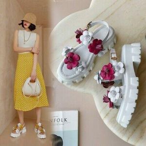 Womens Flower Decor Open toe Leather Platform Mid Block Heel Roman Sandals Shoes