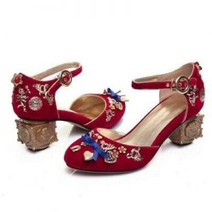 Women's Luxury Rhinestone Vintage Velvet High Heel Metal Decor Party Pumps Shoes