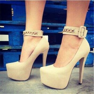 Womens Trendy Round Toe Metal Decor Chain Ankle Strap Shoes Pumps High Heels
