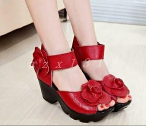 Ladies Womens Sandal Shoes Flower Decor Ankle Straps Leather Platform Wedge Heel