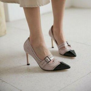Women Elegant Brogue Carved Buckle Decor Slip On Stilettos High Heel Shoes Pumps