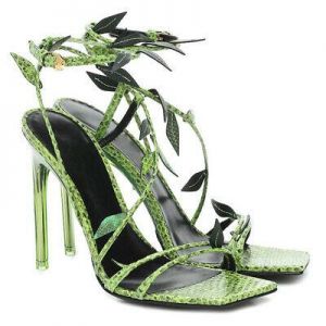 Womens Peep Toe Green Snake Pattern Leaf Decor Stilettos Pumps Ankle Strap Shoes