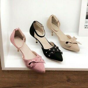 Spring Pointy Toe Ankle Strap Women Rivet Bow Decor Faux Suede Kitten Heel Shoes