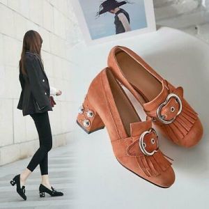 New Womens Shalllow Mouth Shoes Casual Block Heels Round Toe Chic Metal Decor