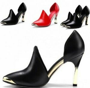 Women's Pointy Toe High Stiletto Heel Shoes Cut Out Color Stitching Metal Decor