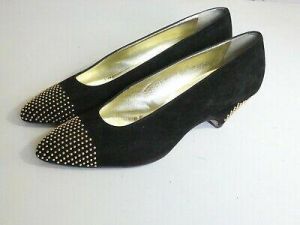 Escada Designer Women's Black Suede Size 8B Shoes w/Gold Studs Made in Italy