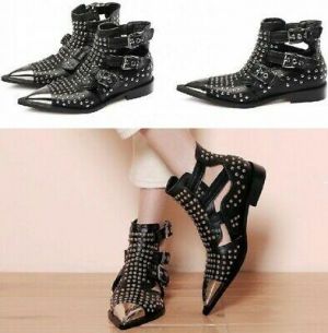 Womens Pointy Toe Cut Out Rivet Metal Decor Buckle Strap Low Cuban Heel Shoes Sz