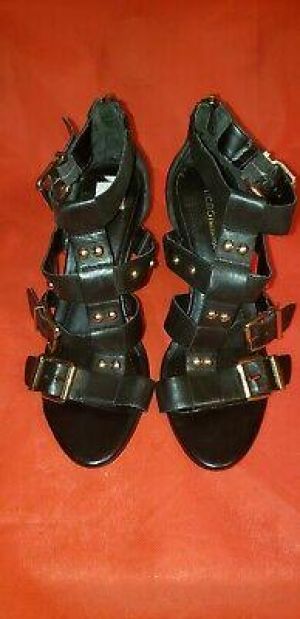 Womens Designer Shoes BCBGeneration Black Leather Strappy Studded Heels Sandals